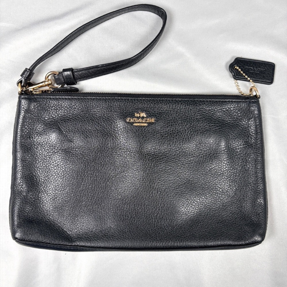 Coach Black Pebbled Leather Large Wristlet Gold Hardware Clutch Bag F12185